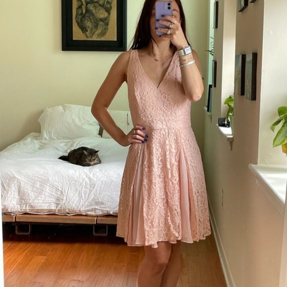 Aidan Maddox Laced V-Neck Sleeveless Mini Fit and Flare Dress Pink 2